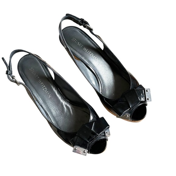 Stuart Weitzman Black Bodajean Bow Patent Leather Wedge Sandals Size 8.5 - Picture 3 of 10